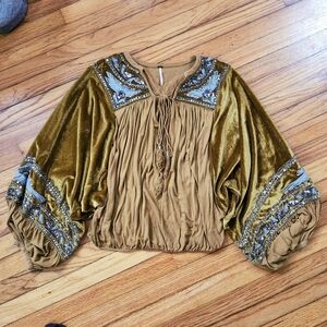 Free People Hearts Aflame Embroidered Sequin Mustard Velvet Batwing Peasant Top